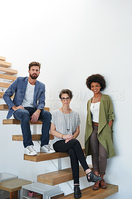 Buy stock photo Corporate staff, smile and portrait on office staircase for career, company planning and project management. Diverse group or editor and confident for job in organisation for profession on mockup