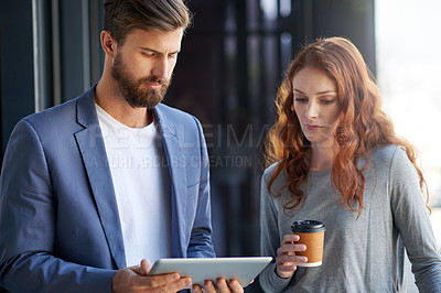 Buy stock photo Research, man and woman, tablet and office, coffee and planning for project, creative and online. Partnership, people and employees with internet, connection and designer in company and coworking
