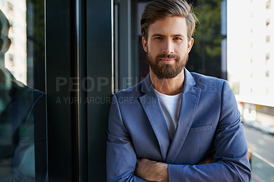 Buy stock photo Businessman, portrait and management in modern office for startup, company and development. Male trader, entrepreneur and professional in workplace for trade show, seminar and designer conference.