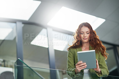 Buy stock photo Professional, woman and tablet in workplace for planning, schedule and technology for creative agency. Web design, startup and digital notebook in office for content creation and social media.