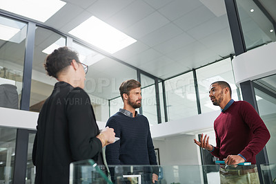 Buy stock photo Business, men and discussion in office for global project, startup and creative collaboration. Meeting, teamwork and brainstorming in workplace for ideas, design and content creation for work.