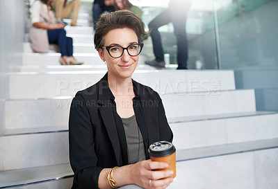Buy stock photo Portrait, professional and woman in office with coffee for meeting, collaboration and discussion in morning. Businesswoman, glasses and happiness in workplace for international startup company.