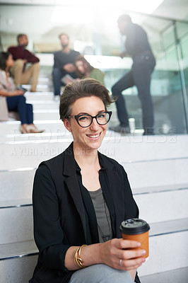 Buy stock photo Happy woman, portrait and professional in office with coffee for meeting, collaboration and discussion in morning. Businesswoman, glasses and happiness in workplace for international startup company.