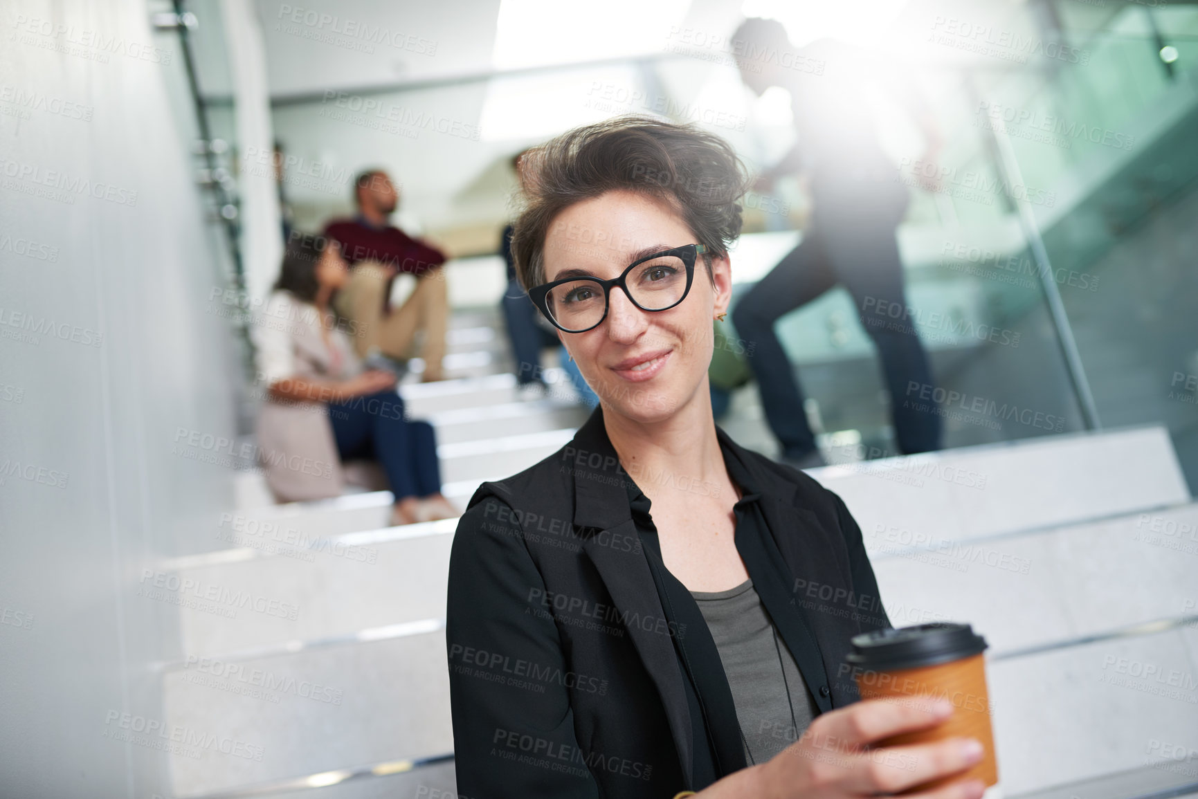 Buy stock photo Proud woman, portrait and professional in office with coffee for meeting, seminar and discussion in morning. Businesswoman, glasses and happiness in workplace for international startup company.