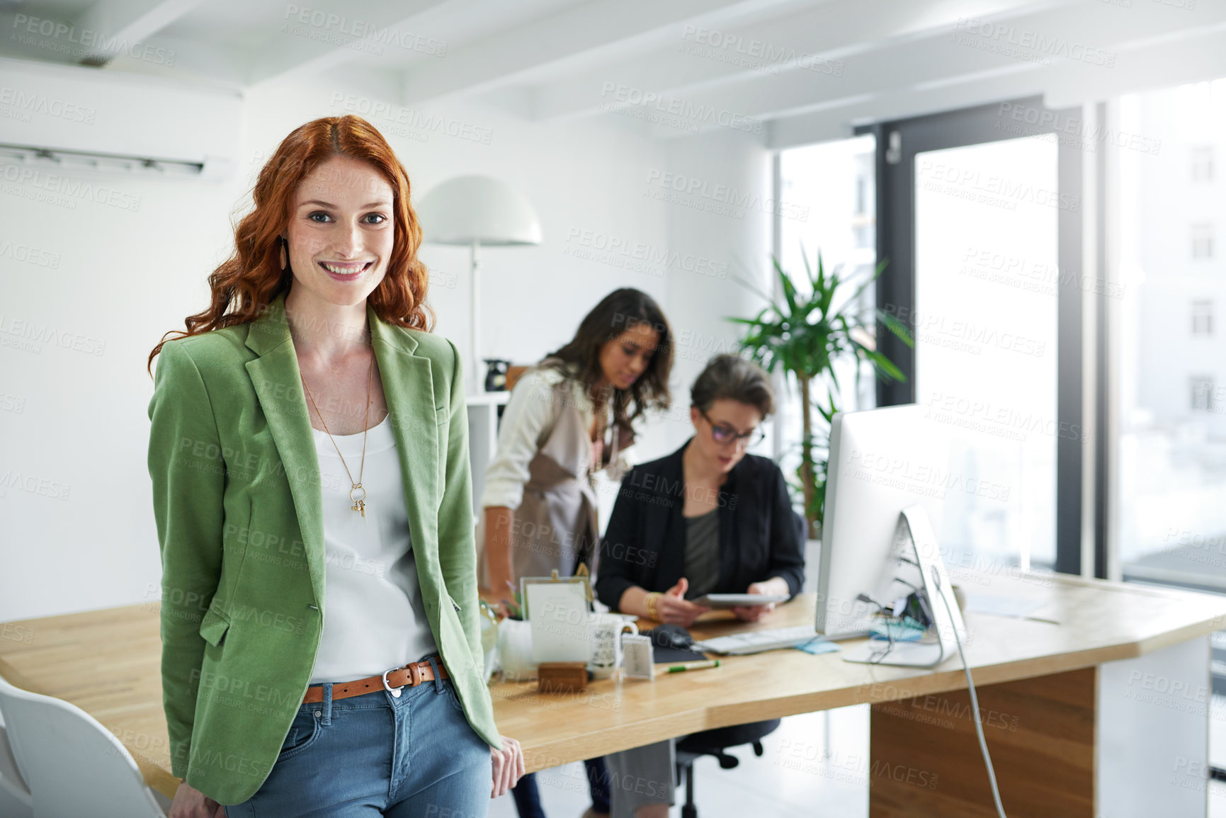 Buy stock photo Portrait, woman and tech at agency for editing career with desk, internet and team research. Computer, planning and face of female copywriter in modern office for creative job, teamwork and online