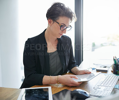 Buy stock photo Business woman, office and typing on tablet thinking of email, online report or startup website. Female person, writing or working with technology for internet research, communication or social media