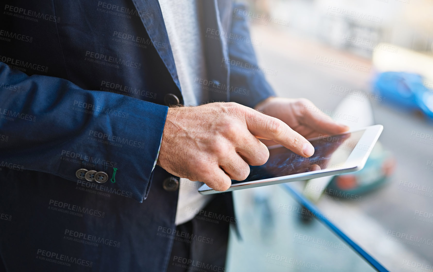 Buy stock photo Office, balcony and hands of businessman with tablet for investment, research and online finance news. Stock broker, tech and scroll with screen for digital exchange report, email or currency insight