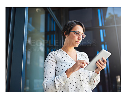 Buy stock photo Office building, typing and woman with internet on tablet for investment, plan or reading economy news. Stock investor, work and scroll with tech for online currency report, email or exchange insight