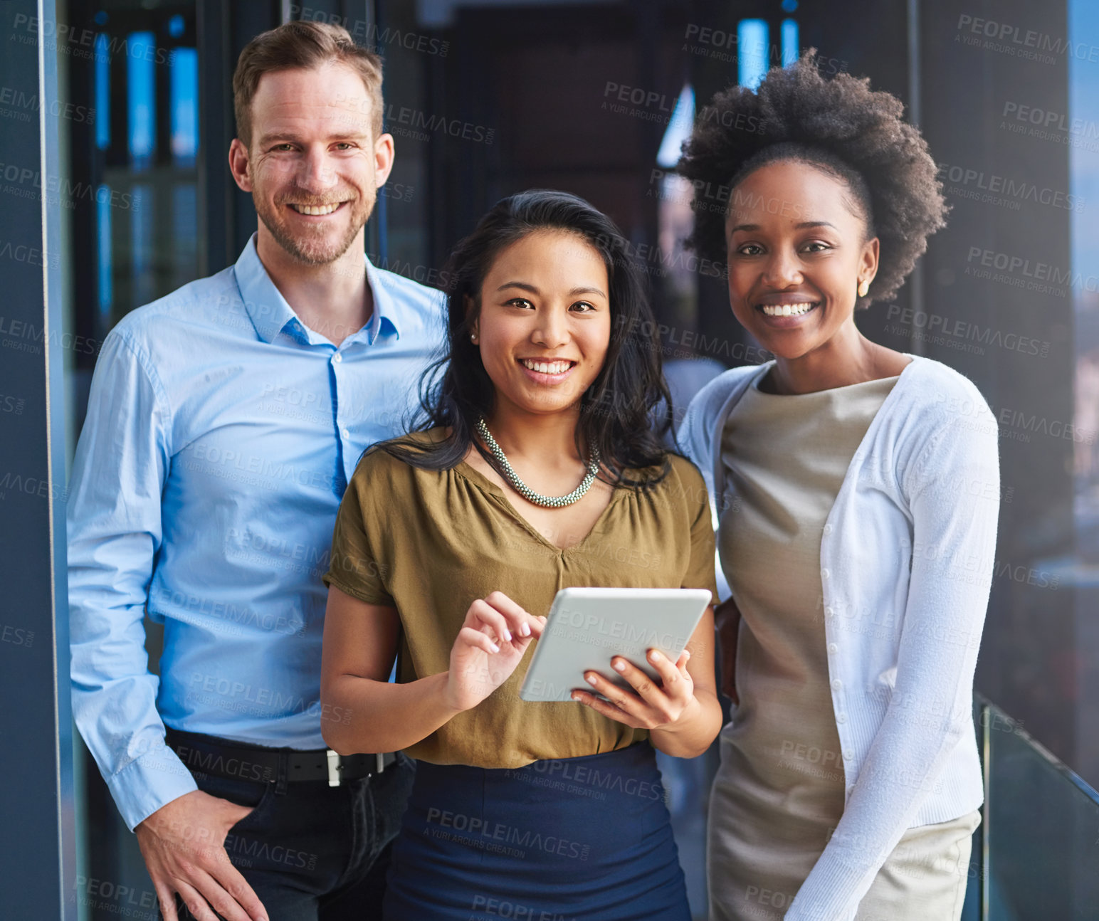 Buy stock photo Office, tablet and portrait of business people in meeting for networking, website and online research. Professional, corporate and worker on digital tech for planning, collaboration and teamwork