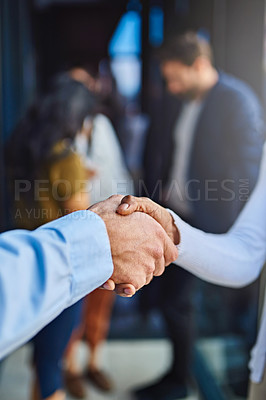 Buy stock photo Shaking hands, business people in collaboration and partner, trust in team with thank you and onboarding or hiring. Professional agreement, employees with handshake with contract deal and teamwork 