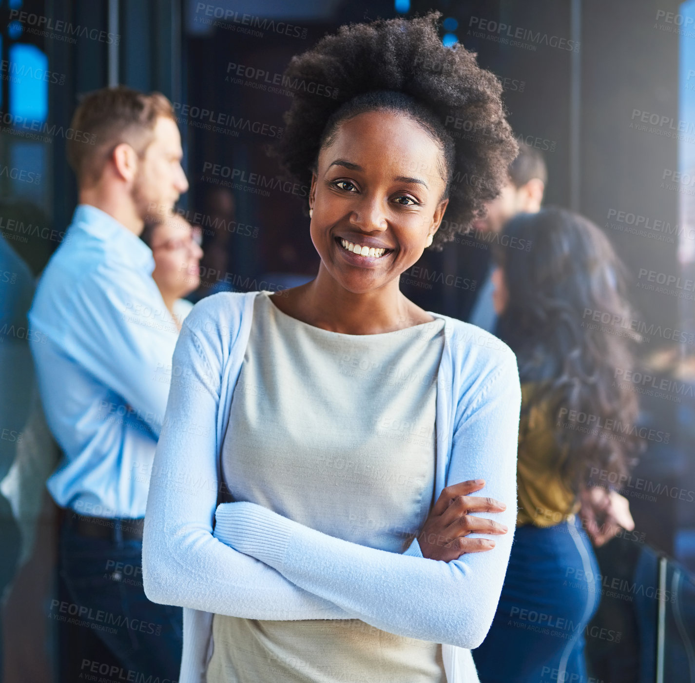 Buy stock photo Happy, portrait and woman on office balcony in city with confidence, pride and opportunity at conference. Smile, professional and businesswoman on terrace with arms crossed at business workshop