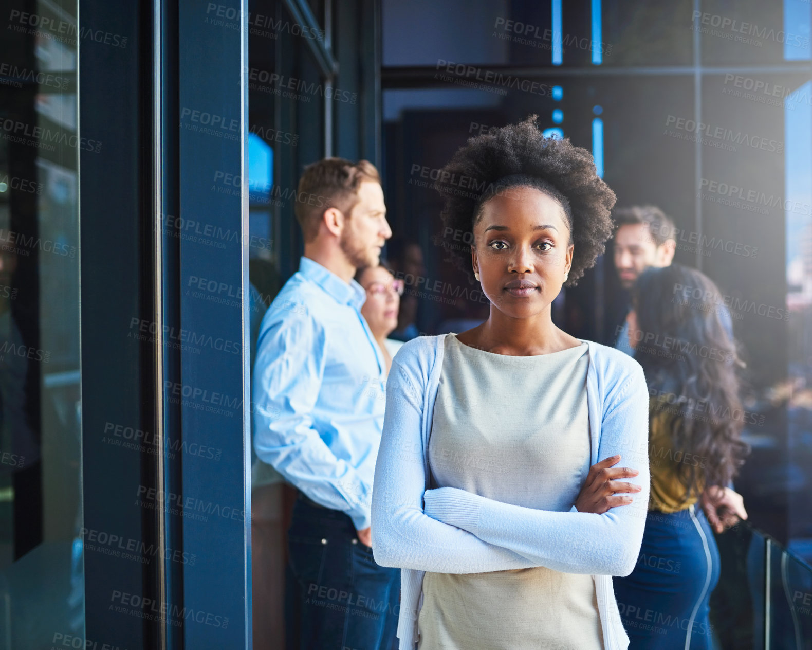 Buy stock photo Confidence, business and portrait of woman on balcony in office with trust, pride or opportunity at workshop. Growth, development or professional businesswoman with arms crossed at management seminar