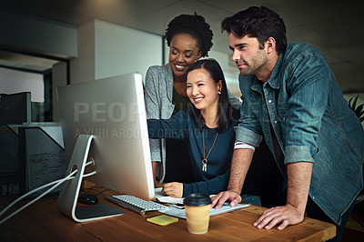 Buy stock photo Computer, teamwork and business people in office with project for startup company at desk. Collaboration, diversity and group of creative copywriters working on pc technology together in workplace.