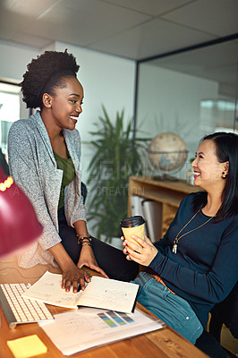 Buy stock photo Happy, businesswomen and documents with graphs for financial review, discussion and conversation in office. Excited, female people and designers for communication, friendly chat and collaboration