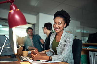 Buy stock photo Smile, computer and portrait of black woman in office for creative research with project online. Happy, technology and African female copywriting editor working on web design on pc in workplace.