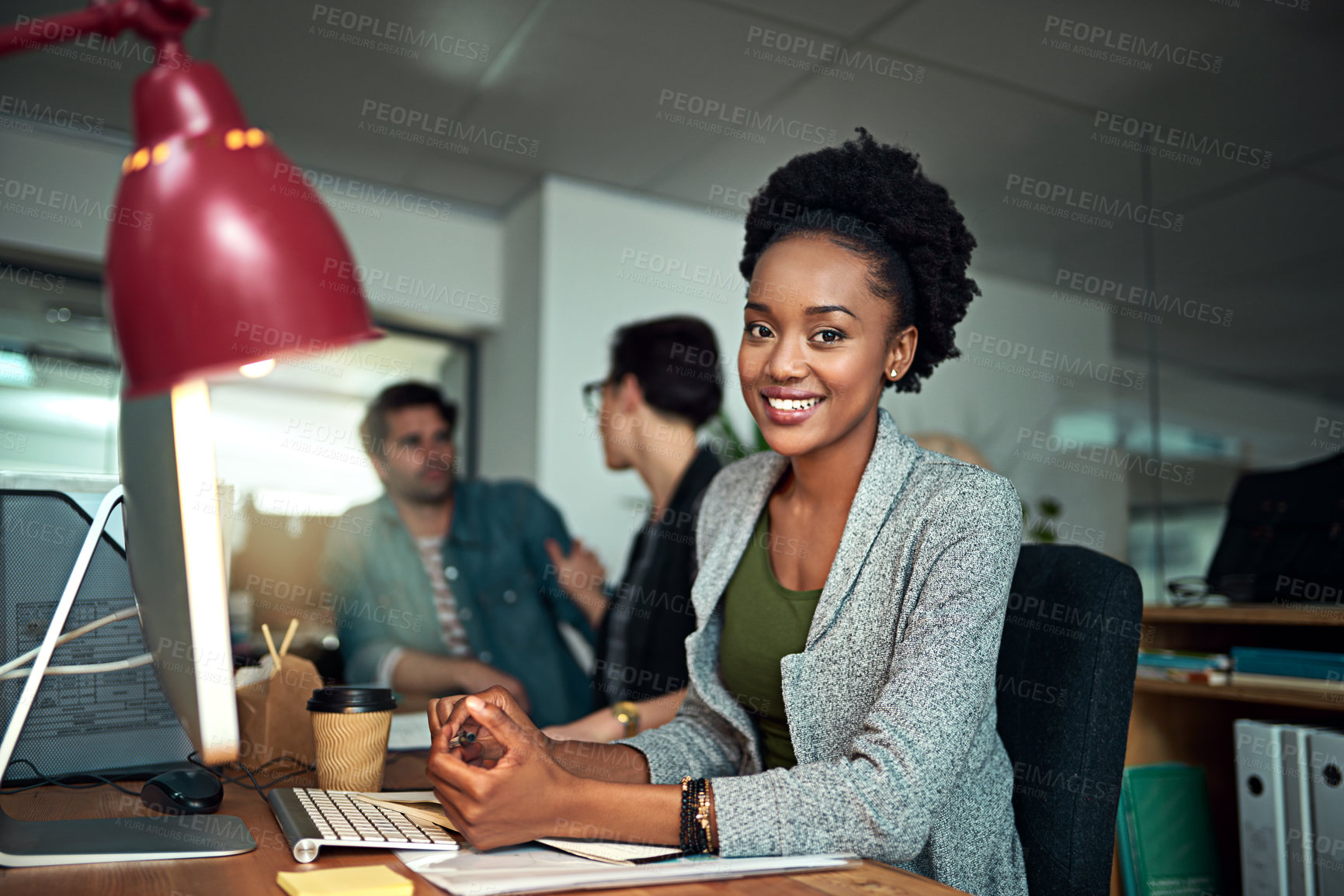 Buy stock photo Smile, computer and portrait of black woman in office for creative research with project online. Happy, technology and African female copywriting editor working on web design on pc in workplace.
