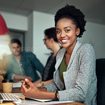 Buy stock photo Happy computer and portrait of black woman in office for creative research with project online. Smile, technology and African female copywriting editor working on web design on pc in workplace.