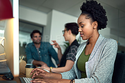 Buy stock photo Smile, reading and black woman typing in office for creative research with project online on computer. Happy, technology and African copywriting editor working on web design on desktop in workplace.