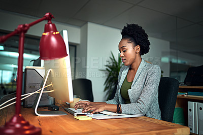 Buy stock photo Typing, computer and black woman in office for research with creative project online for startup. Career, technology and African female copywriting editor working on web design on pc in workplace.