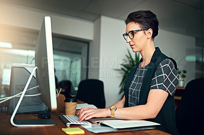 Buy stock photo Typing, computer and portrait of woman in office for creative research with project online for startup. Reading, technology and female copywriting editor working on web design on pc in workplace