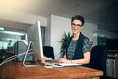 Buy stock photo Smile, computer and portrait of woman in office for creative research with project online. Happy, technology and female copywriting editor from Canada working on web design on pc in workplace.