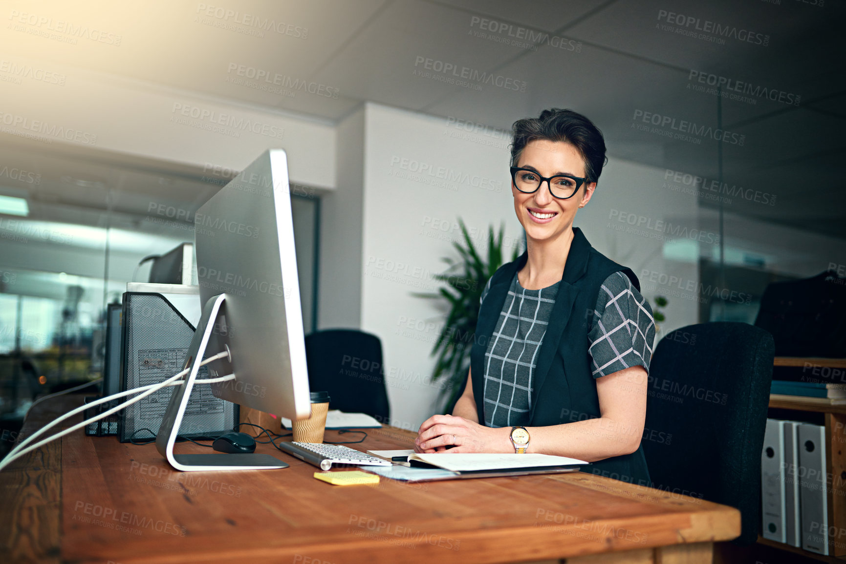 Buy stock photo Smile, computer and portrait of woman in office for creative research with project online. Happy, technology and female copywriting editor from Canada working on web design on pc in workplace.