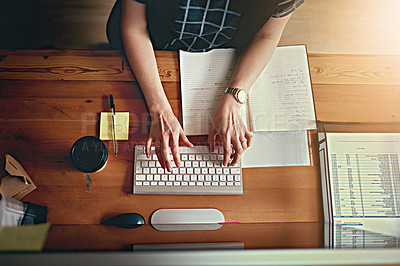 Buy stock photo Woman, hands and keyboard at desk for schedule, planning and research for project in office. Graphic designer, typing and computer with documents in creative agency for email, notebook and networking