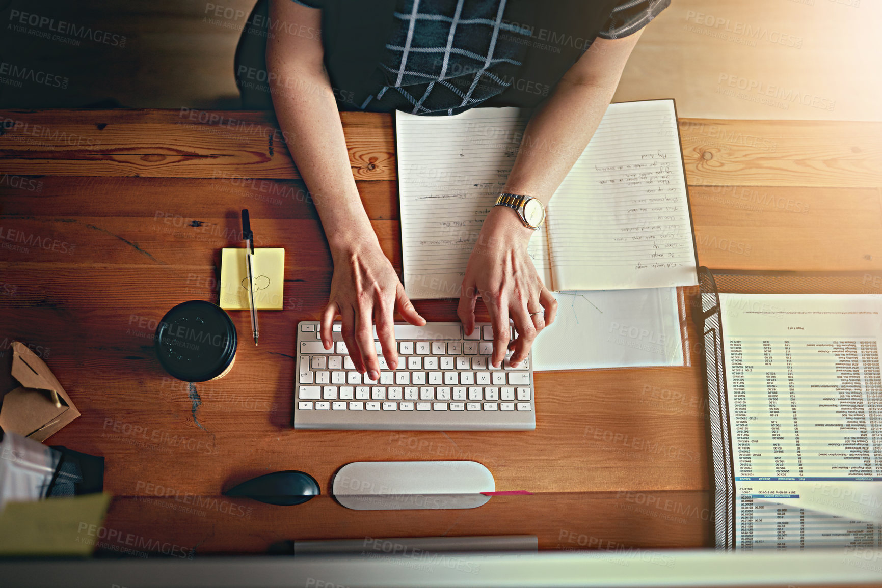 Buy stock photo Woman, hands and keyboard at desk for schedule, planning and research for project in office. Graphic designer, typing and computer with documents in creative agency for email, notebook and networking