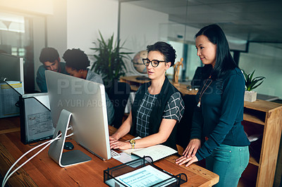 Buy stock photo Computer, business internship and mentor coaching, training or help employee in startup office. Collaboration, team or leader teaching woman about us, advice or creative copywriter typing on keyboard