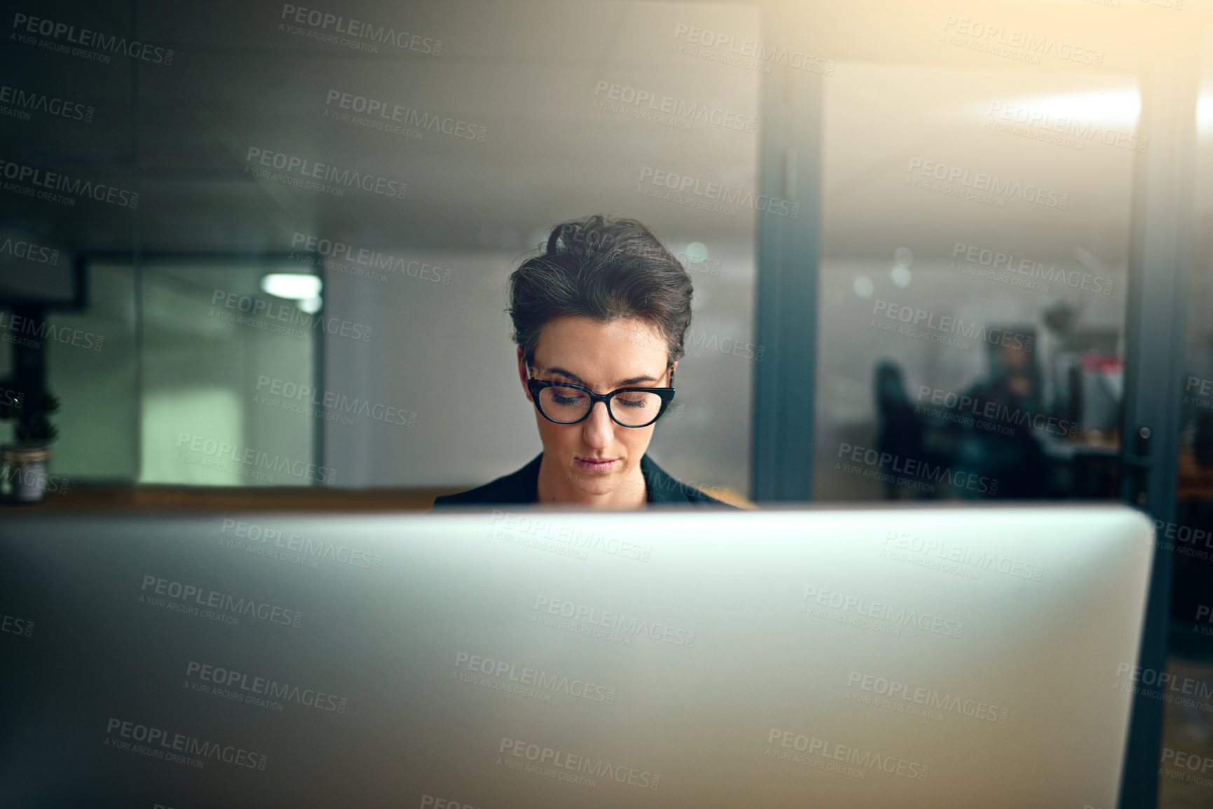 Buy stock photo Woman, computer and tired in office with overtime, deadline and eyes closed as employee. Lens flare, exhausted and sleeping with fatigue from administration work or research as as hr manager