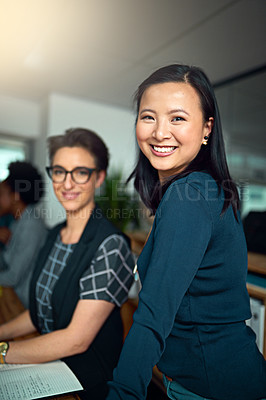 Buy stock photo Women, hr management and smile in portrait as employees in workplace for admin, collaboration and teamwork. Female people, workers and creative for recruitment, company or startup in office for job