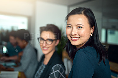 Buy stock photo Women, hr management and happy in portrait as employees in workplace for admin, collaboration and teamwork. Female person, workers and smile for recruitment, company or business in office for job