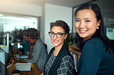 Buy stock photo Women, financial advisor and smile in portrait as employees in workplace for insurance, collaboration and teamwork. Female people, workers and economy in management, company or startup in office