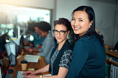 Buy stock photo Women, web designer and smile in portrait as employees in workplace for development, collaboration and teamwork. Female people, workers and creative for design, company or startup in office for job