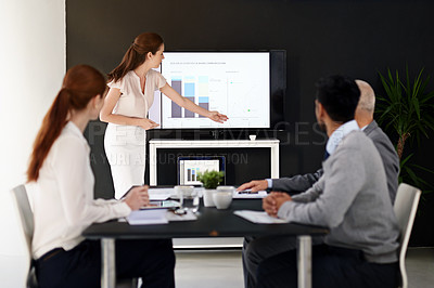 Buy stock photo Business people, woman and discussion in presentation with graphs for data analytics and financial growth of company. Collaboration, team and sales in meeting with stats report and feedback on charts