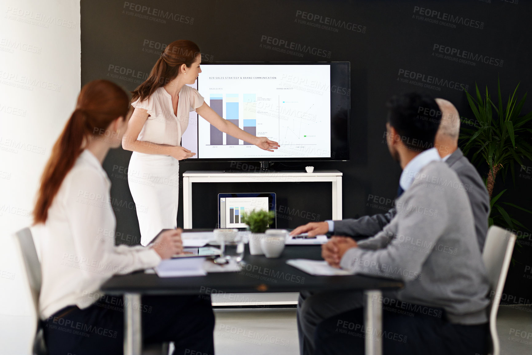 Buy stock photo Business people, woman and discussion in presentation with graphs for data analytics and financial growth of company. Collaboration, team and sales in meeting with stats report and feedback on charts