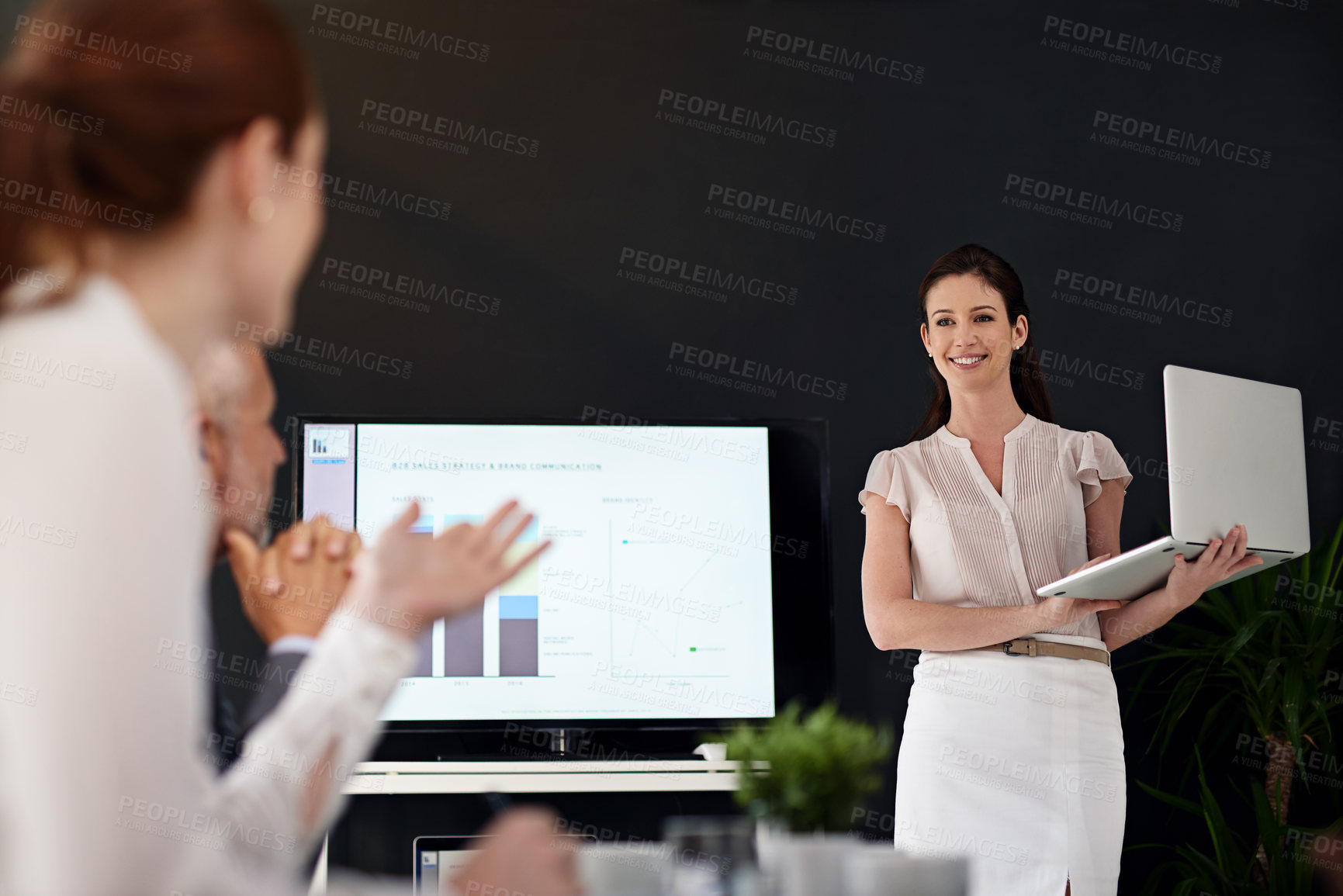 Buy stock photo Business people, woman and laptop in presentation for data analysis with graph, sales or financial growth of company. Collaboration, team and happy in meeting with stats report and feedback on charts