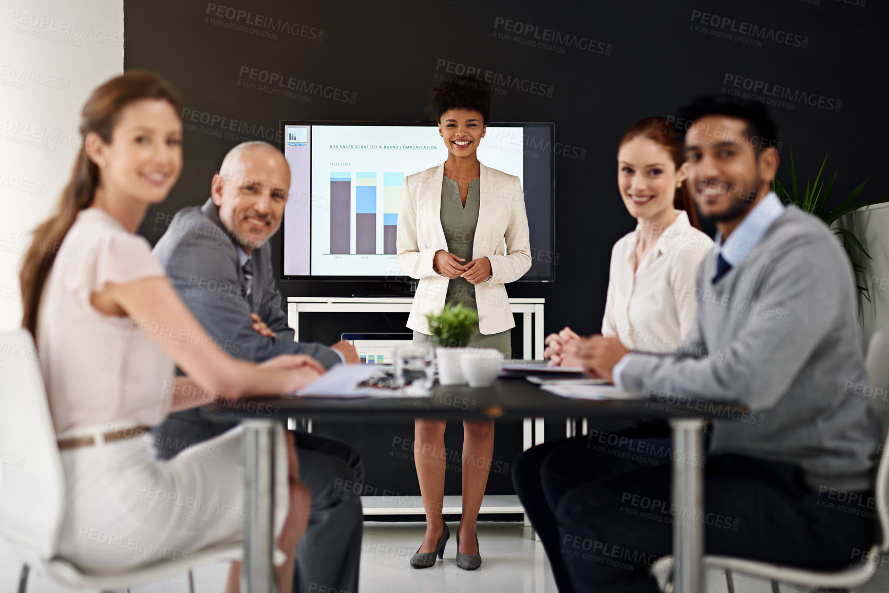 Buy stock photo Business people, woman and group with portrait for presentation of data analysis with graph and financial growth. Collaboration, trainer and happy in meeting with stats report and diversity by table