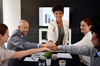 Buy stock photo Business people in meeting, stack and hands together for cooperation, teamwork or planning. Portrait, leader or group with unity or collaboration with corporate professional, project or brainstorming