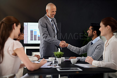 Buy stock photo Presentation, people and handshake with smile for success,  deal and teamwork or collaboration. Diversity, boardroom  and happy for business achievement with congratulations as ceo and leader