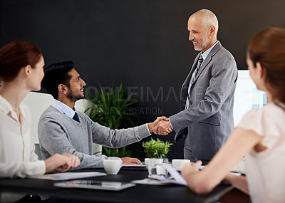 Buy stock photo Business people, handshake and deal with CEO for partnership, collaboration and b2b agreement of consultant. Smile, shaking hands and success of group, support or thank you for teamwork in office