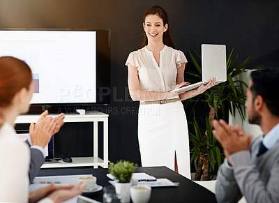 Buy stock photo Presentation, woman and happy with laptop on congratulations for success, deal and teamwork or collaboration. Diversity, boardroom and smile for business achievement and career growth with clients
