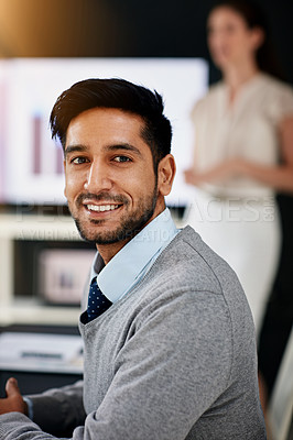 Buy stock photo Business man, smile and people for presentation, workshop and vision for sales company with happiness in corporate career. Seminar, pitch and data analyst in office, workspace and conference room