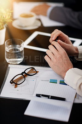 Buy stock photo Business person, documents and hands by technology for presentation, workshop and plan for sales company with corporate career. Meeting, glass or paperwork in office, workspace and conference room
