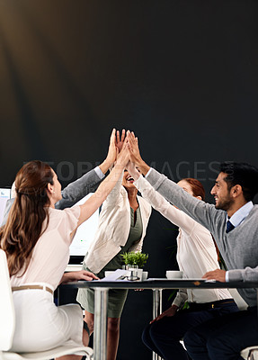 Buy stock photo People, office and high five for synergy with smile for celebration on deal, teamwork and collaboration. Table, boardroom and happy for business achievement with congratulations for team building