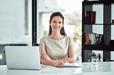 Buy stock photo Portrait, business woman and paperwork in office for corporate company, professional or reading with smile. Workplace, female employee or hr manager with document, payroll or onboarding as task