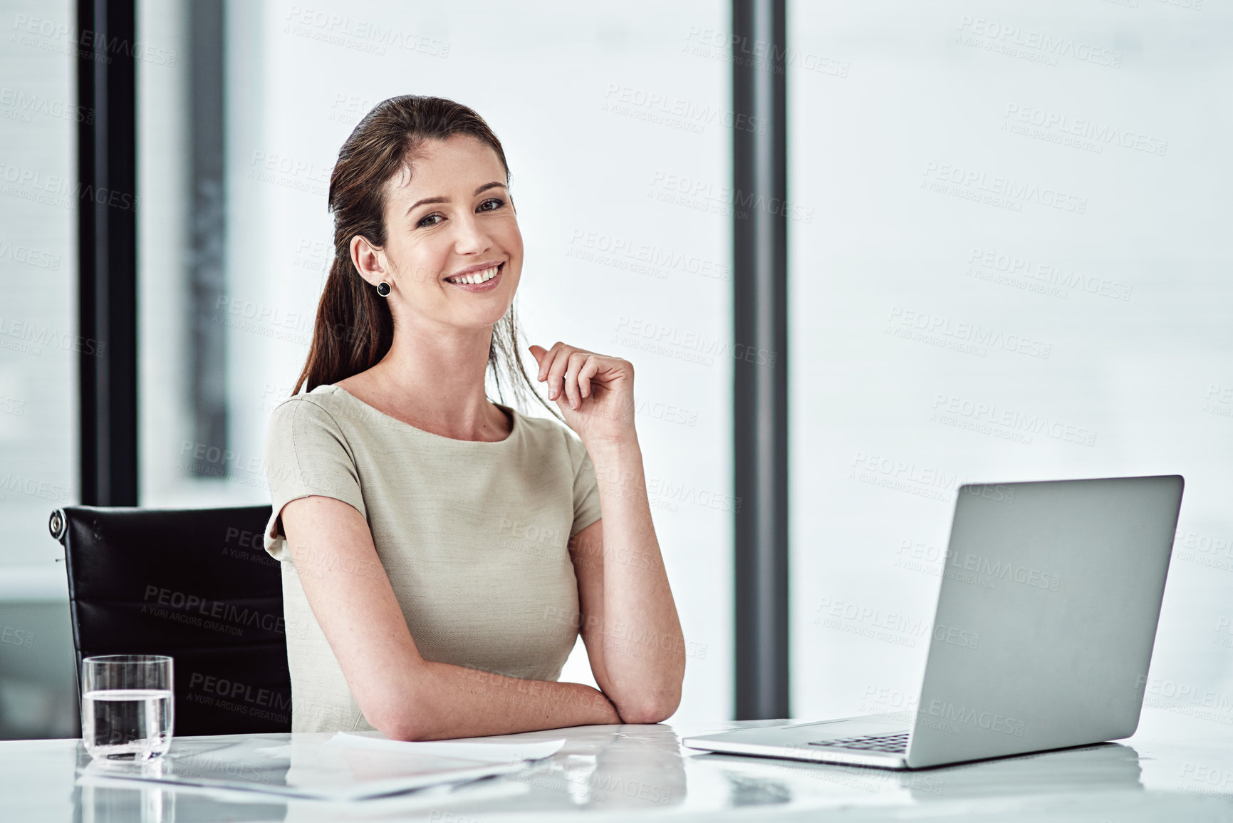 Buy stock photo Portrait, business woman and laptop in office for corporate company, professional or online agency. Workplace, female employee or hr manager as career to develop campaign, planning or network