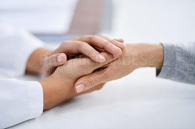 Buy stock photo Holding hands, hospital and doctor support with healthcare, wellness and empathy from bad news. Hope, care and pancreas cancer diagnosis in a clinic with patient in a medical consultation for surgery