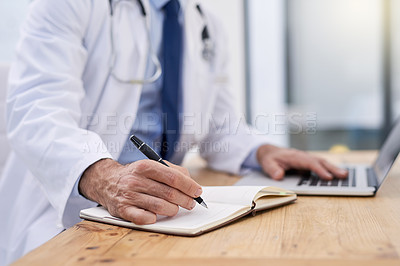 Buy stock photo Doctor, writing and hands of notes with computer and medical research for muscular dystrophy in office. Person, tech and report information in notebook with medical study of healthcare worker

