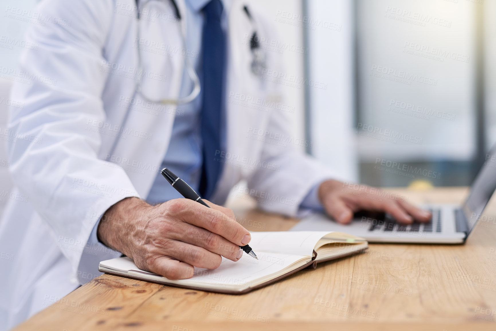 Buy stock photo Doctor, writing and hands of notes with computer and medical research for muscular dystrophy in office. Person, tech and report information in notebook with medical study of healthcare worker
